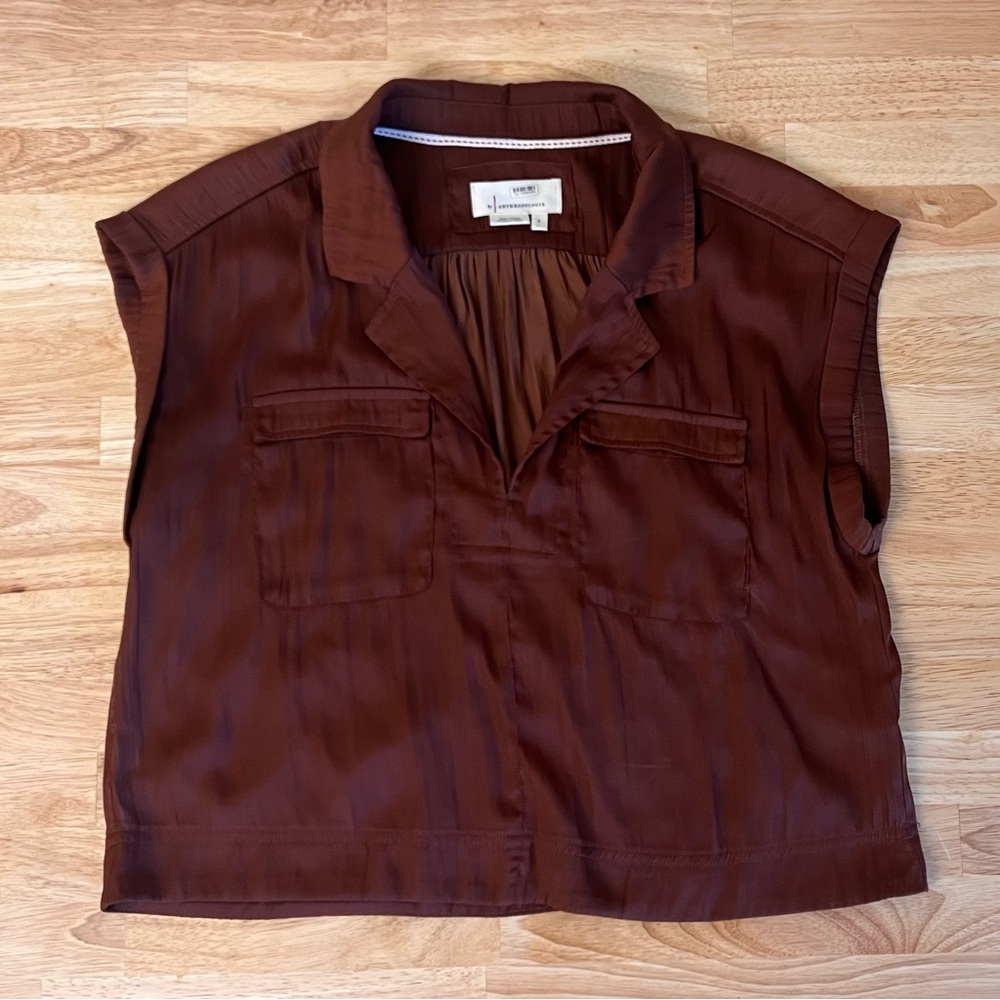 Anthropologie Brown Collared Crop Blouse